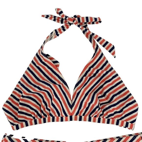 Pez D'Or Maternity Bikini Stripe Coral Navy White Ruched Side Ties XL NEW - Picture 2 of 8